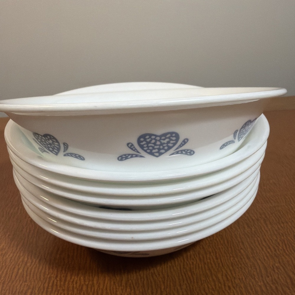 Set of 8 Corelle Corningware Blue Hearts Spongeware Small Bowls 5.5"